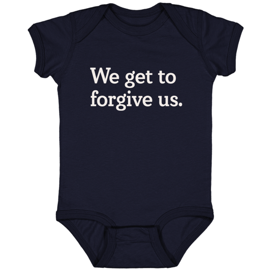 We get to forgive us.™ (navy onesie)